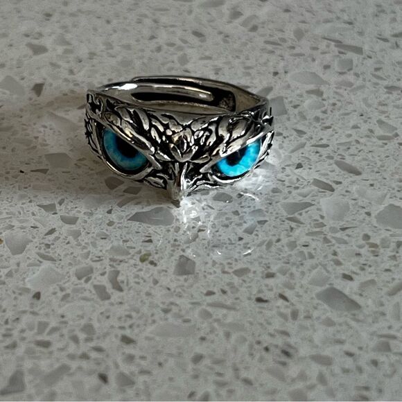 Retro Blue Eye Owl Open Ring, Exaggerated Animal Adjustable Finger Ring - Picture 8 of 12